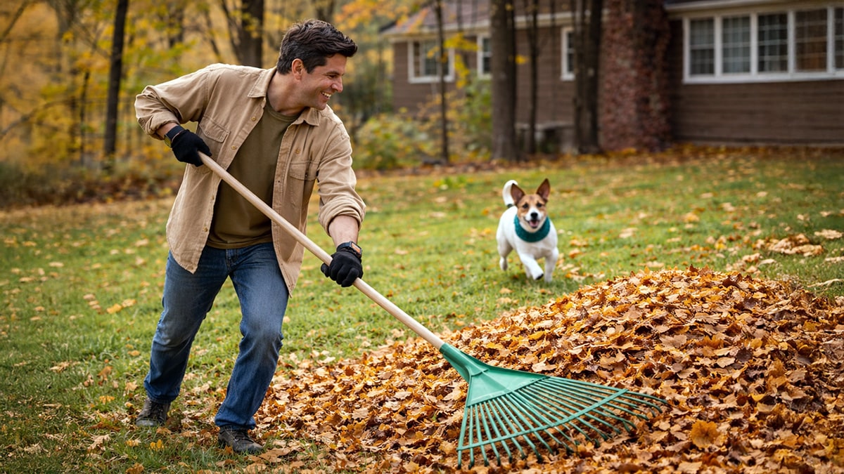 Man raking a large pile of autumn leaves with a long-handled rake while a small dog runs nearby in a backyard setting