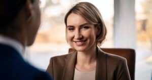 Professional woman smiling during conversation